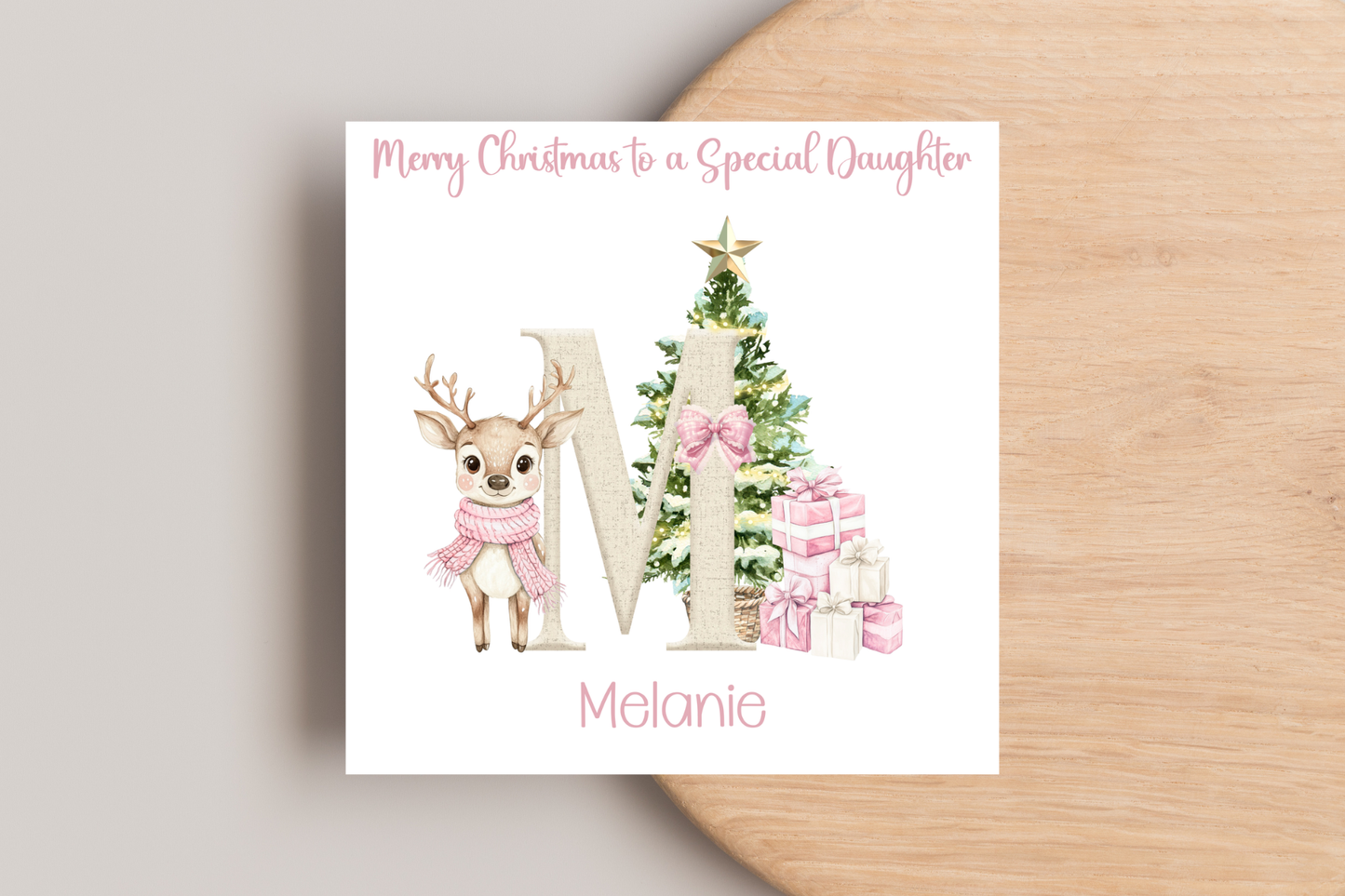 Personalised Reindeer Pink Christmas card