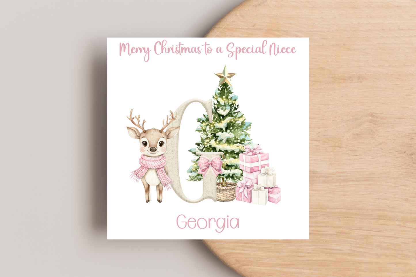 Personalised Reindeer Pink Christmas card