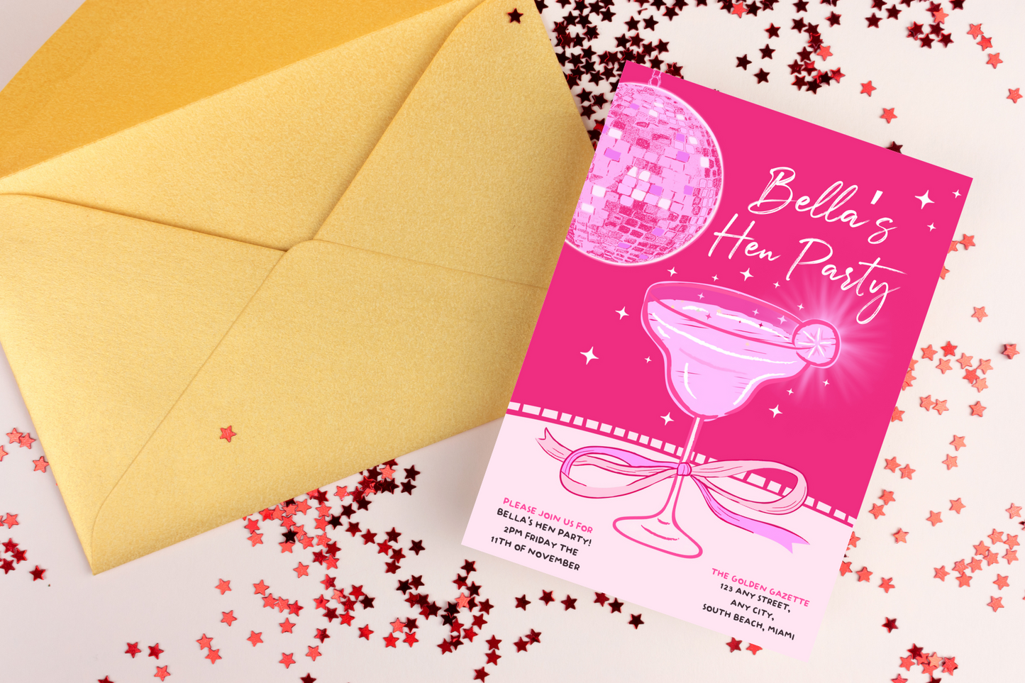 Editable Pink Cocktail Hen Party Invitation