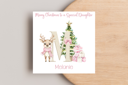 Personalised Reindeer Pink Christmas card