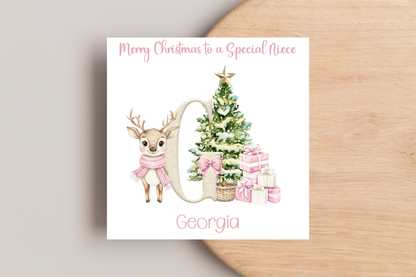 Personalised Reindeer Pink Christmas card