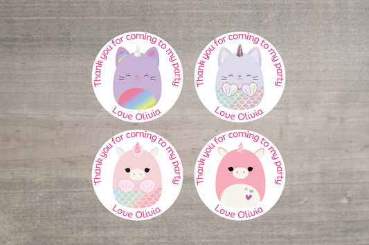 24 X Squishmallow Unicorn and Mermaid Mix Thank You For Coming To My Party Stickers